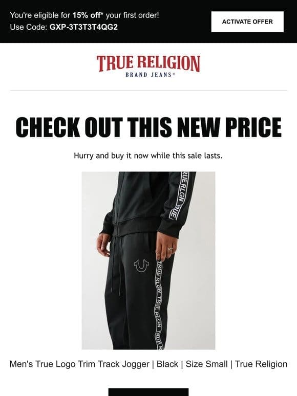 Price drop! The Men’s True Logo Trim Track Jogger | Black | Size Small | True Religion is now on sale…