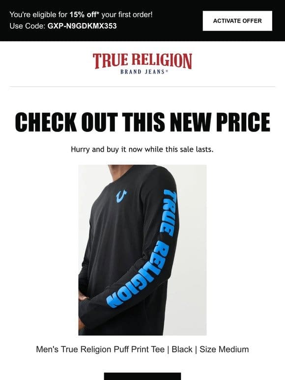 Price drop! The Men’s True Religion Puff Print Tee | Black | Size Medium is now on sale…
