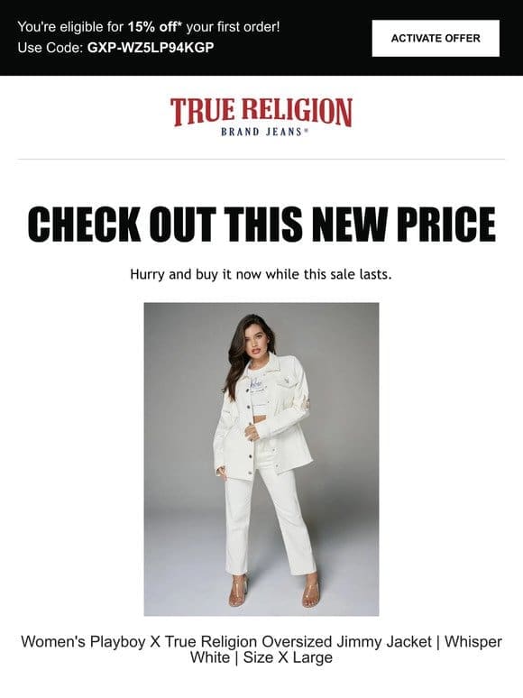 Price drop! The Women’s Playboy X True Religion Oversized Jimmy Jacket | Whisper White | Size X Large is now on sale…