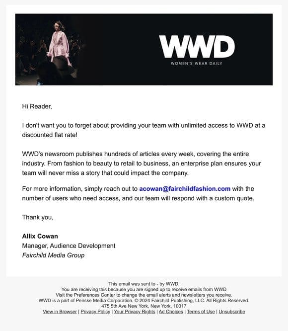 Reminder: Get company-wide access to WWD at an all-time low rate.