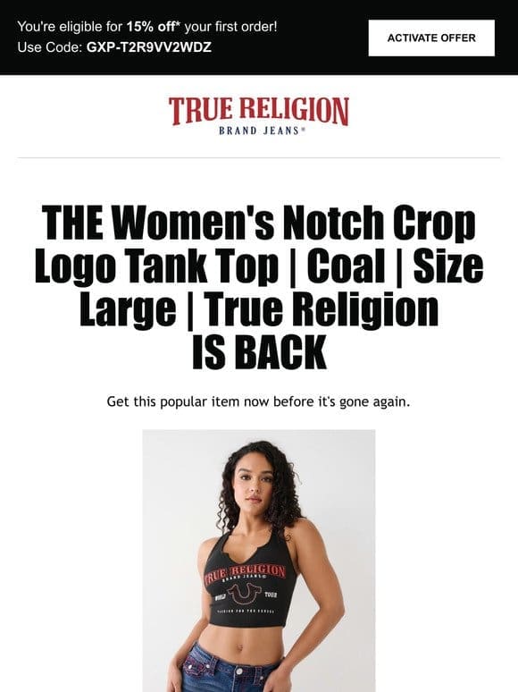 Reminder: The Women’s Notch Crop Logo Tank Top | Coal | Size Large | True Religion is available! Get 15% off