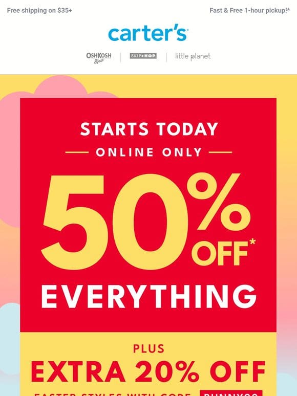 SALEEEE ON: 50% off everything + EXTRA 20% off Easter w/ code