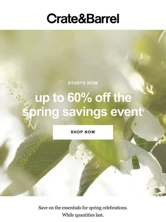 STARTS TODAY: Up to 60% off the Spring Savings Event