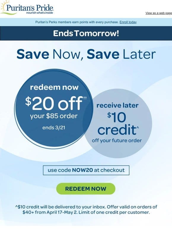 Save $20 off today， earn a $10 coupon