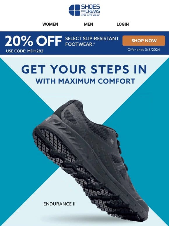 Save 20% on Comfortable Athletic Slip-Resistant Shoes