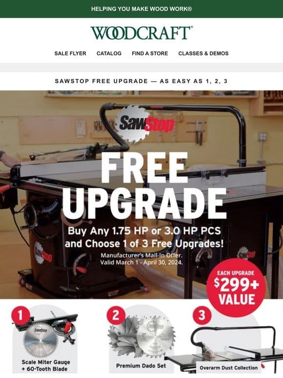 SawStop Free Upgrades + Loads More Deals at Woodcraft