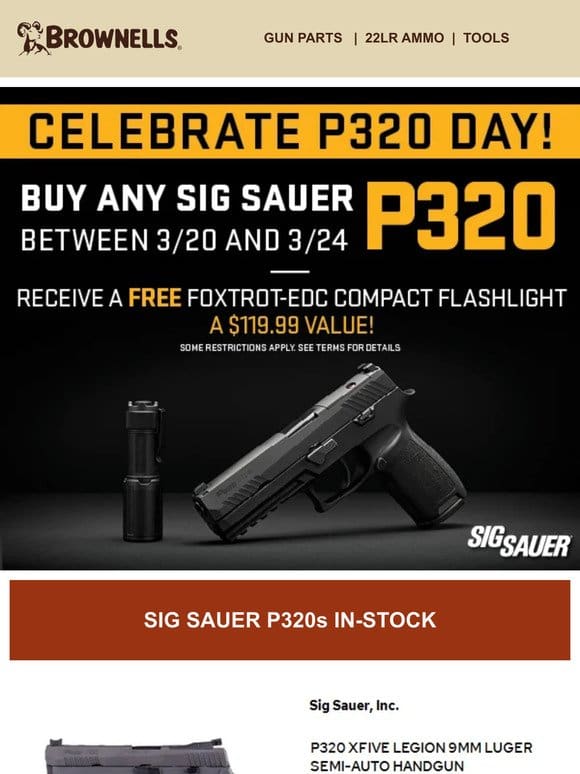 Sig is celebrating P320 Day w/ a FREE flashlight!