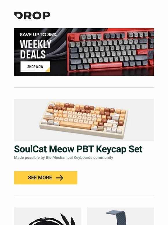SoulCat Meow PBT Keycap Set， Headgear Audio Leo Sennheiser Headphone Cable， DFWcomposites Carbon Fiber Headphone Stand and more…