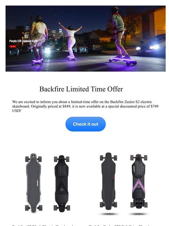Special Valentine’s Day Offer: $300 Off on Backfire Electric Skateboard