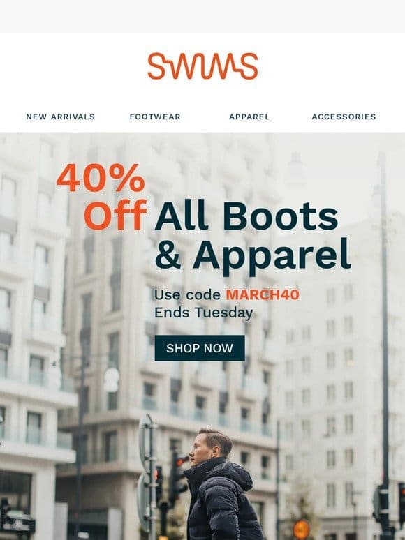 Starting Now: 40% Off Boots & Apparel
