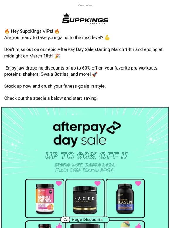 SuppKings AfterPay Day Sale: Up to 60% Off Your Fitness Favourites