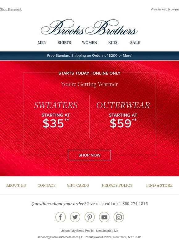 Sweaters starting at $35， coats & jackets starting at $59—online only!
