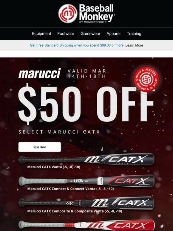 Swing into Savings! $50 Off Select Marucci CatX Baseball Bats – Hurry， March 14-18 Only!