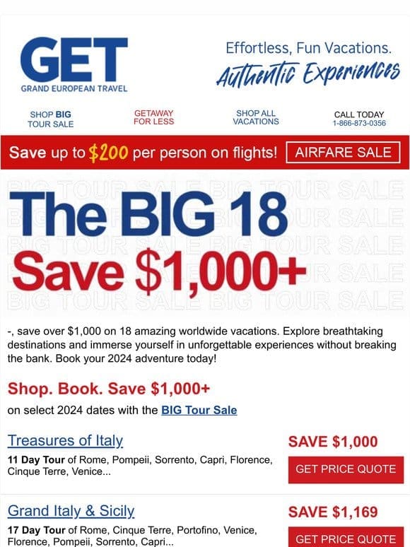 The BIG 18! Save $1，000+ per person