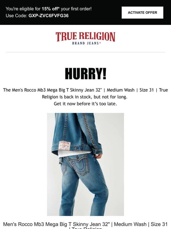 The Men’s Rocco Mb3 Mega Big T Skinny Jean 32″ | Medium Wash | Size 31 | True Religion is back! Limited quantity!