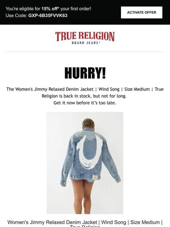 The Women’s Jimmy Relaxed Denim Jacket | Wind Song | Size Medium | True Religion is back! Limited quantity!