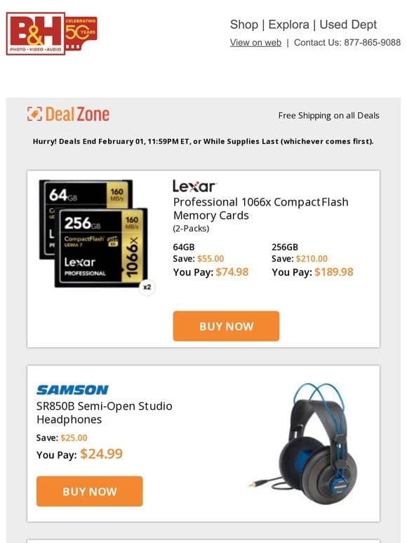 Today’s Deals: Lexar Pro 1066x CompactFlash Memory Cards， Samson Semi-Open Studio Headphones， Core Hypercore NEO 98Wh Lithium-Ion Batteries， Genaray Compact On-Camera RGB LED Light Panel & More