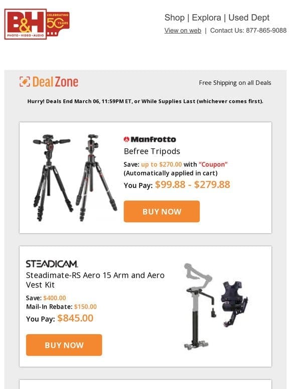 Today’s Deals: Manfrotto Befree Tripods， Steadicam Steadimate-RS Aero 15 Arm & Aero Vest Kit， Nanuk Hard Cases， ALOGIC CLARIFY 27″ 4K HDR Monitor & More