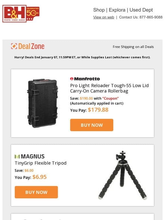 Today’s Deals: Manfrotto Pro Light Reloader Tough-55 Low Lid Carry-On Camera Rollerbag， Magnus TinyGrip Flexible Tripod， Treefort Lookout Camera Straps， Auray Pro Desktop Isolation Filter