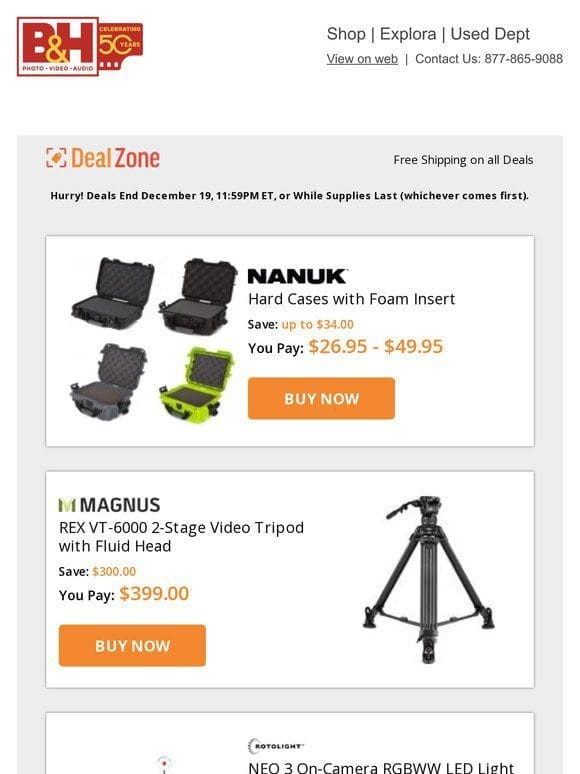 Today’s Deals: Nanuk Hard Cases w/ Foam Insert， Magnus 2-Stage Video Tripod w/ Fluid Head， Rotolight NEO 3 On-Camera RGBWW LED Light 3-Light Kit， Senal XLR-USB Interface and more