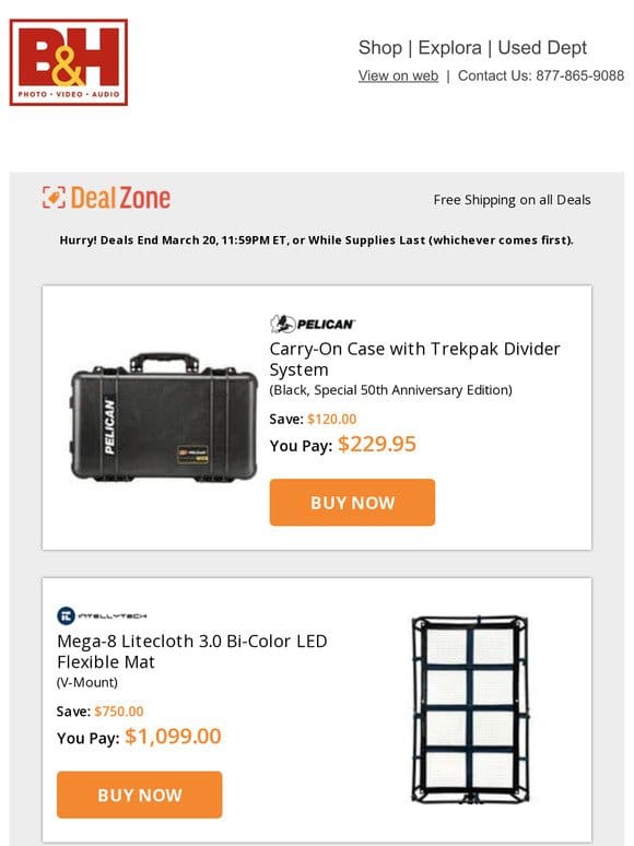 Today’s Deals: Pelican Carry-On Case w/ Trekpak Divider System， Intellytech Mega-8 Litecloth Bi-Color LED Flexible Mat， Sirui 50mm f/1.8 Anamorphic 1.33x Lenses， CyberPower Battery Back-UPS & More