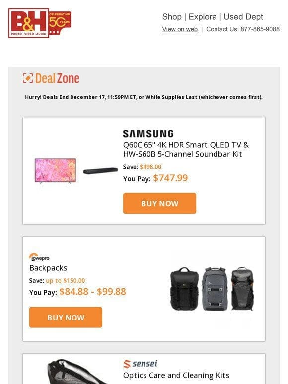 Today’s Deals: Samsung 65″ 4K HDR Smart QLED TV & 5-Channel Soundbar Kit， Lowepro Backpacks， Sensei Optics Case & Cleaning Kits， Oben Magnetic Mount Kits w/ Mini Ball Head and more