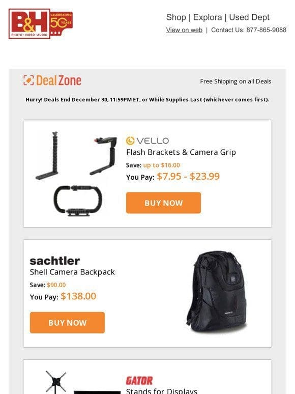 Today’s Deals: Vello Flash Brackets & Camera Grip， Sachtler Shell Camera Backpack， Gator Stands for Displays， ASHLY AW Passive 2-Way Installation Speakers and more
