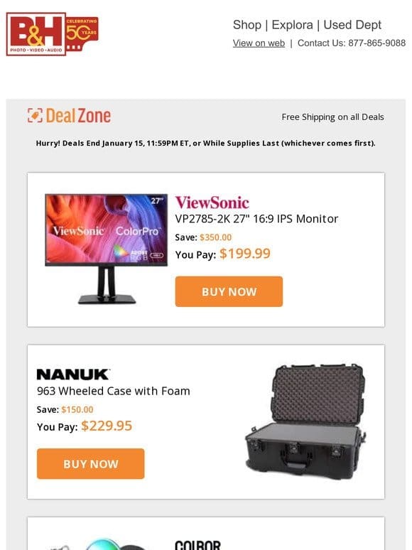 Today’s Deals: ViewSonic 27″ 16:9 IPS Monitor， Nanuk 963 Wheeled Case w/ Foam， Colbor RGB COB LED Monolight， Manfrotto Adjustable Aluminum Hi Hat w/ 75mm Bowl and more