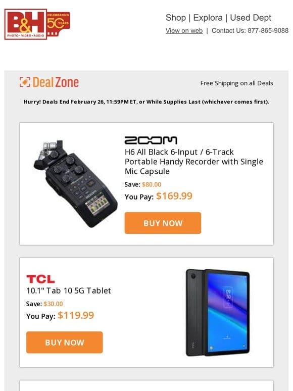 Today’s Deals: Zoom H6 Portable Handy Recorder， TCL 10.1″ Tab 10 5G Tablet， Rokinon 135mm f/1.8 FE Lens for Sony E， Manfrotto 608 Nitrotech Fluid Head & Tripod Kits & More