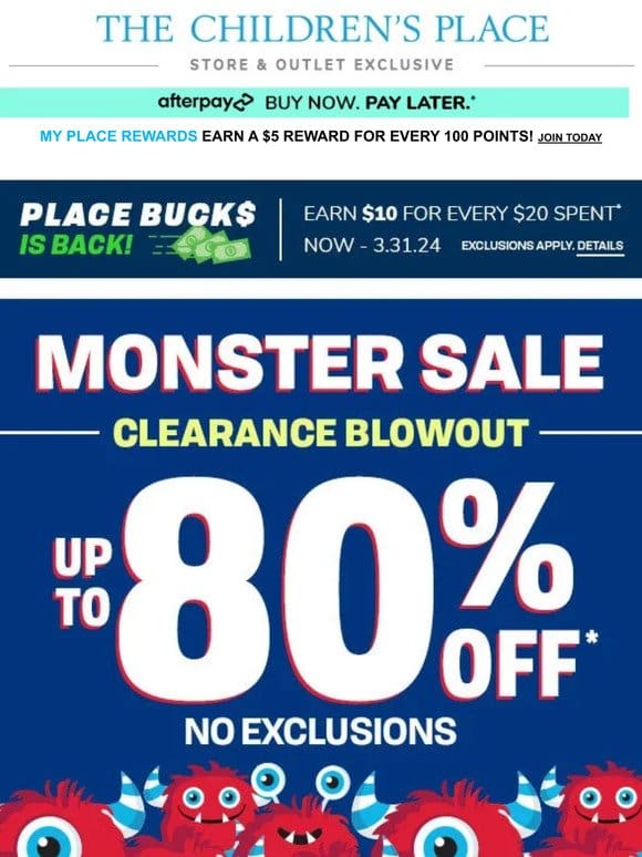 UP TO 80% OFF ALL CLEARANCE! NO EXCLUSIONS! (Not. A. Typo.)