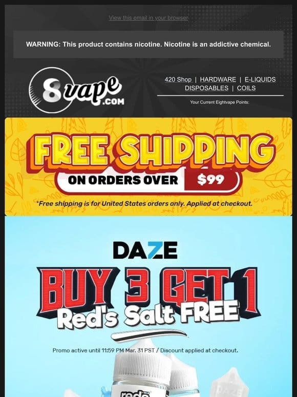 Unlock Savings: Buy 3， Get 1 Free Red’s Salt in 7 Daze Juice Sale!