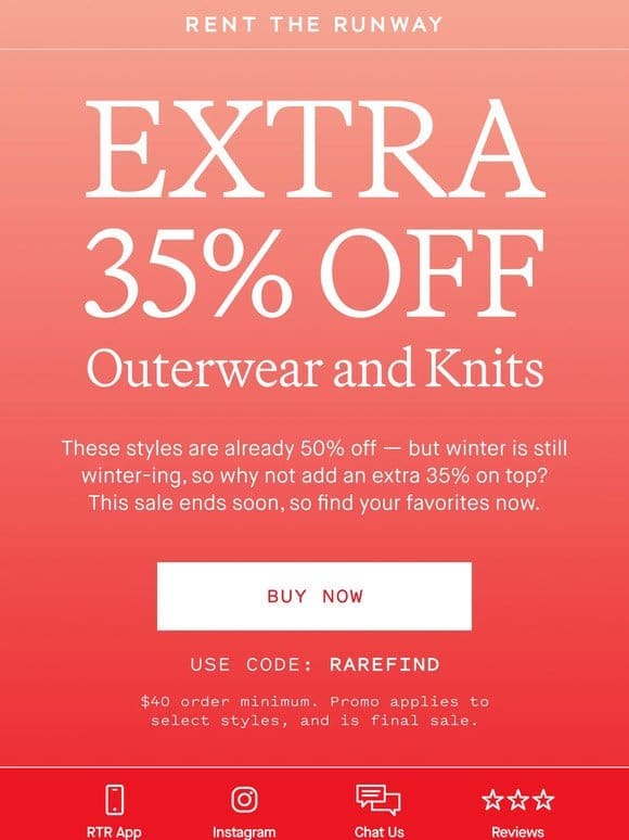 Up to 50% off outerwear + knits