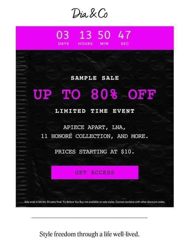 VIP Early Access: Up to 80% OFF Sample Sale