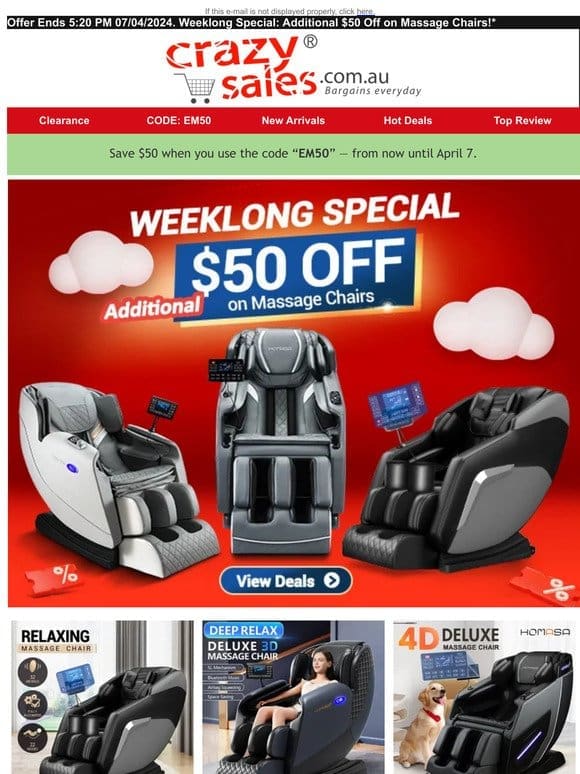 Weeklong Special: Additional $50 Off on Massage Chairs!*
