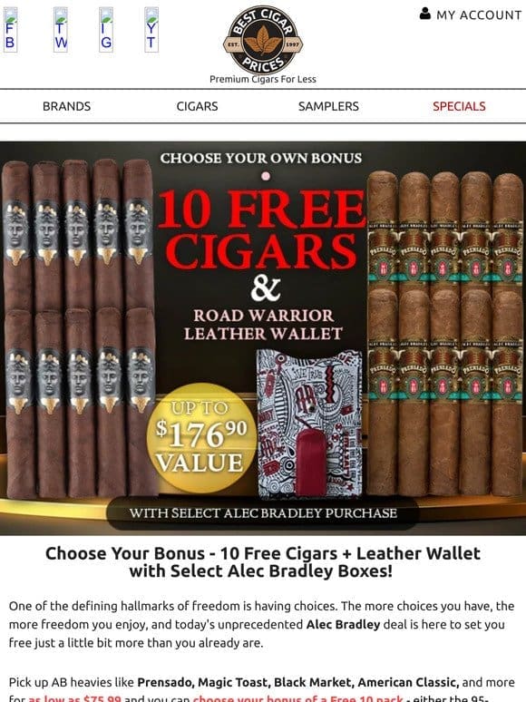 You Choose – 10 Free Cigars + Leather Wallet with Alec Bradley