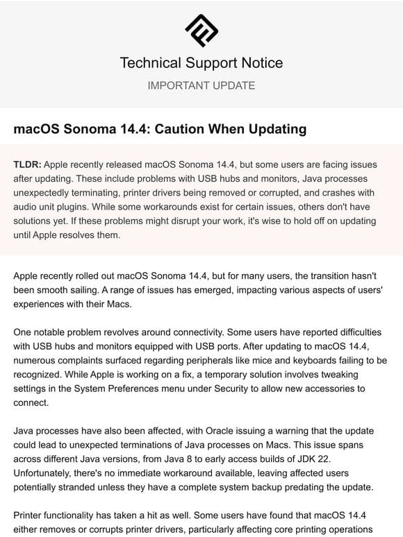 macOS Sonoma 14.4: Caution When Updating