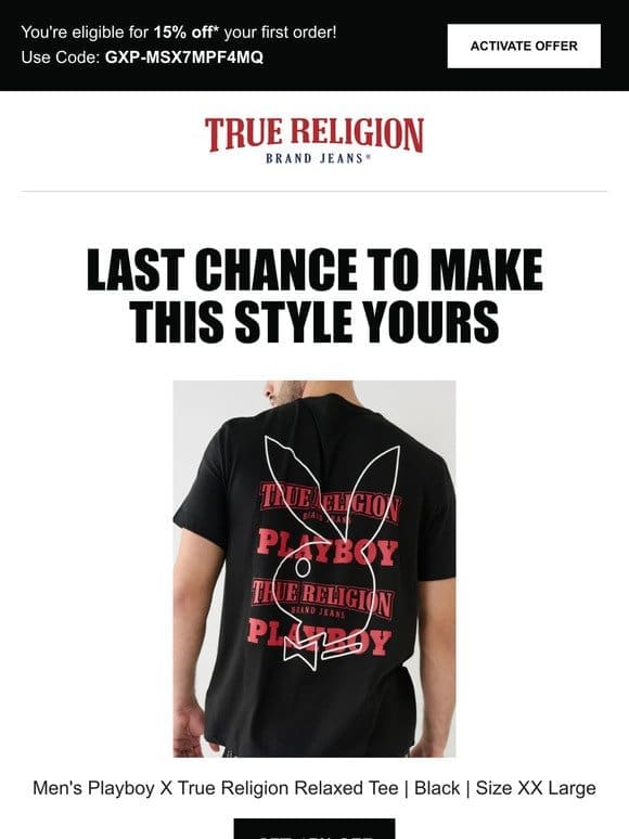 ⌛ Last chance to get 15% off the Men’s Playboy X True Religion Relaxed Tee | Black | Size XX Large! ⌛