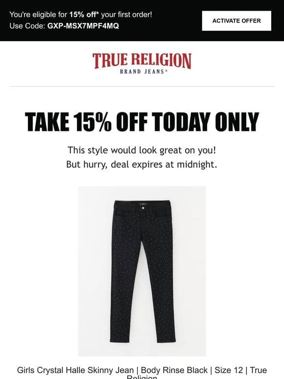 ⏰ Surprise， 15% offer extended! Buy Girls Crystal Halle Skinny Jean | Body Rinse Black | Size 12 | True Religion Now ⏰