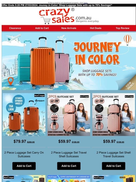 ✈️ Jouney in Color: Shop Luggage Sets with up to 70% Savings!*