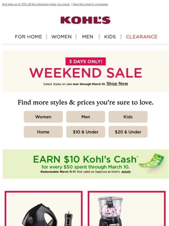 2 DAYS LEFT! Shop our Weekend Sale & earn Kohl’s Cash