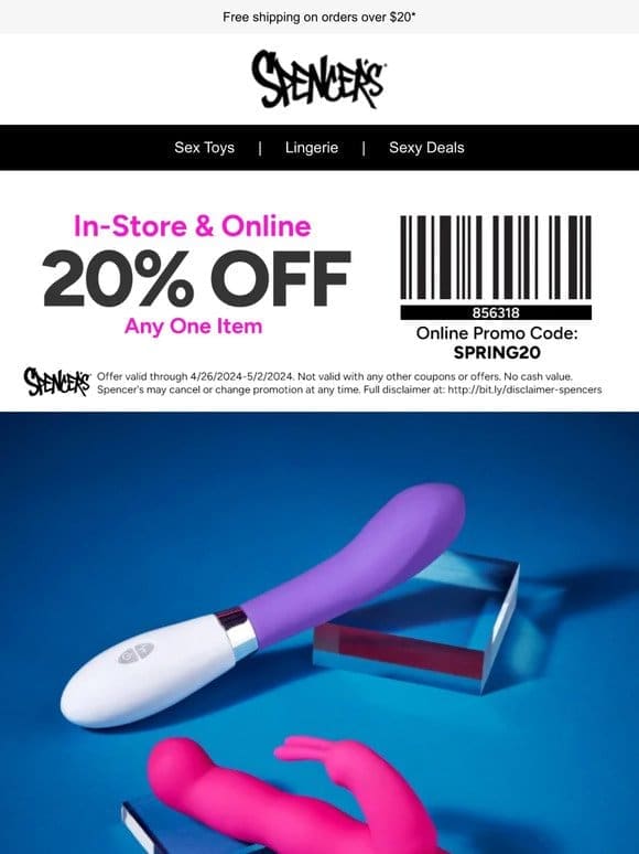 20% off 1 sex toy in store & online