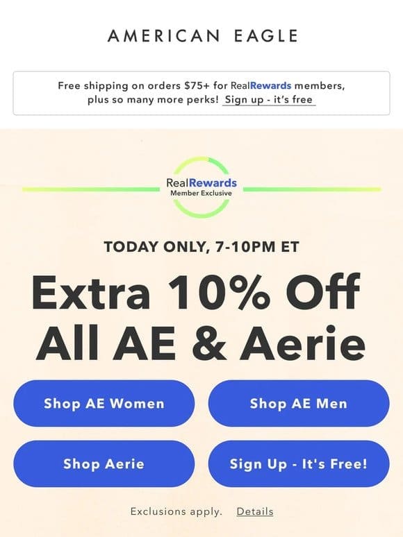 3 HRS ONLY! Extra 10% off all AE & Aerie