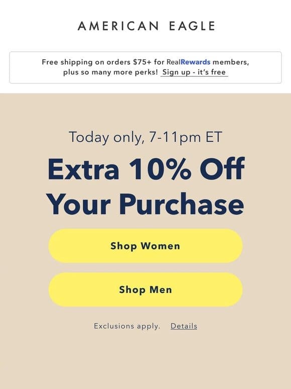 4 hrs only! Extra 10% off AE + Aerie!  ️