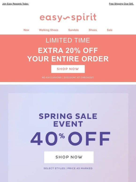 40% OFF Spring Styles + EXTRA 20% OFF Your Entire Order