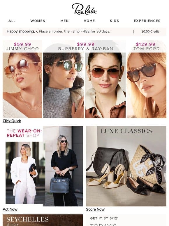 $59.99 Jimmy Choo， $99.99 Burberry & Ray-Ban， and $129.99 Tom Ford • The Wear-on-Repeat Shop