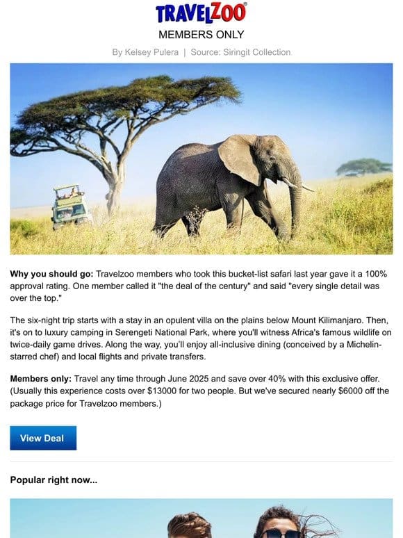 $7499—Luxurious Serengeti all-inclusive safari for 2