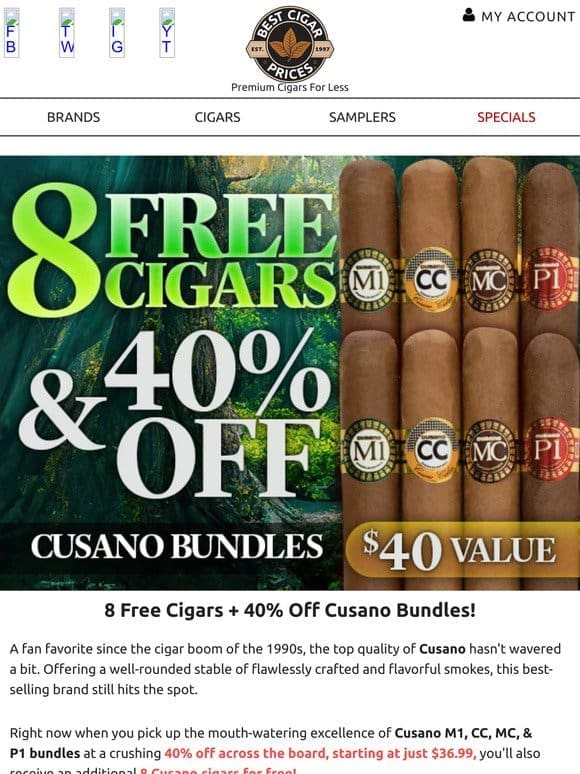 8 Free Cigars + 40% Off Cusano Bundles