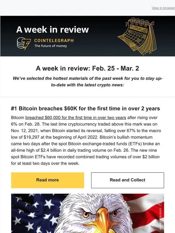 A Week in Review: Bitcoin breaks $60K， US gov’t moves millions in seized BTC， & other news