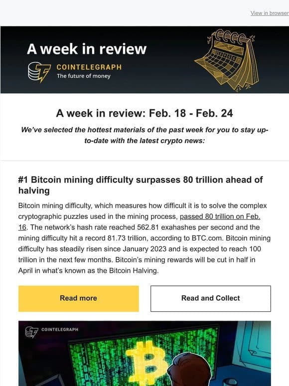 A Week in Review: Bitcoin mining difficulty skyrockets， new Satoshi emails revealed， & other news