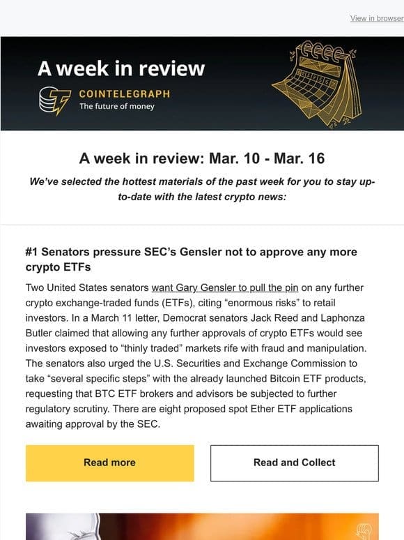 A Week in Review: Ether ETFs have Senate opposition， judge rules Wright is not Satoshi， & other news
